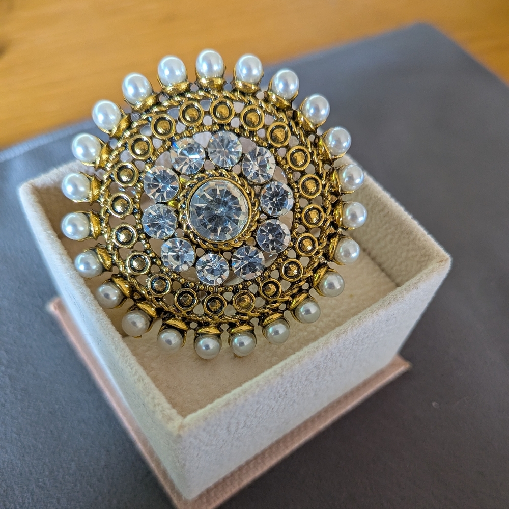 Adjustable Gold Tone Medallion Ring With Faux Pearl And Rhinestones